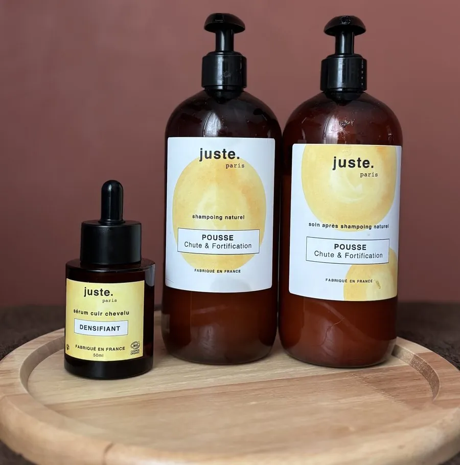 Shampoing, soin et sérum densifiant de la gamme pousse et fortification